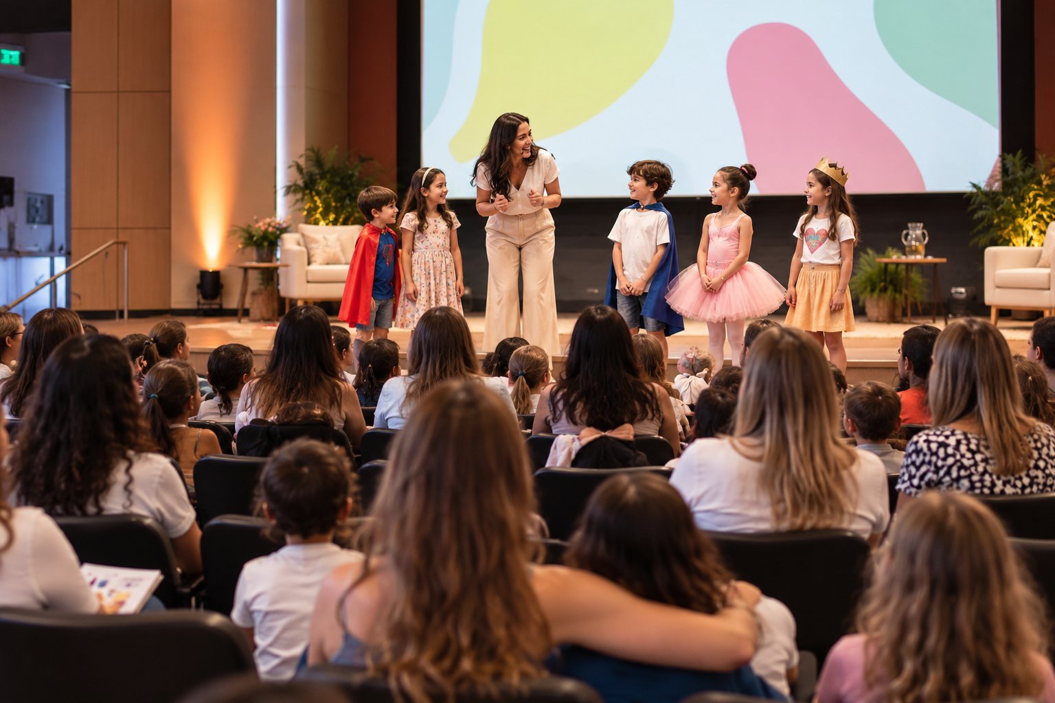 Crianças e uma mediadora IKKI apresentando em um palco diante de um auditório atento, em um evento especial da escola.